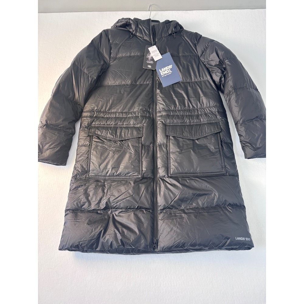 Lands End Wide Channel Down Coat Black Hooded Puffer Jacket Size L 14 16